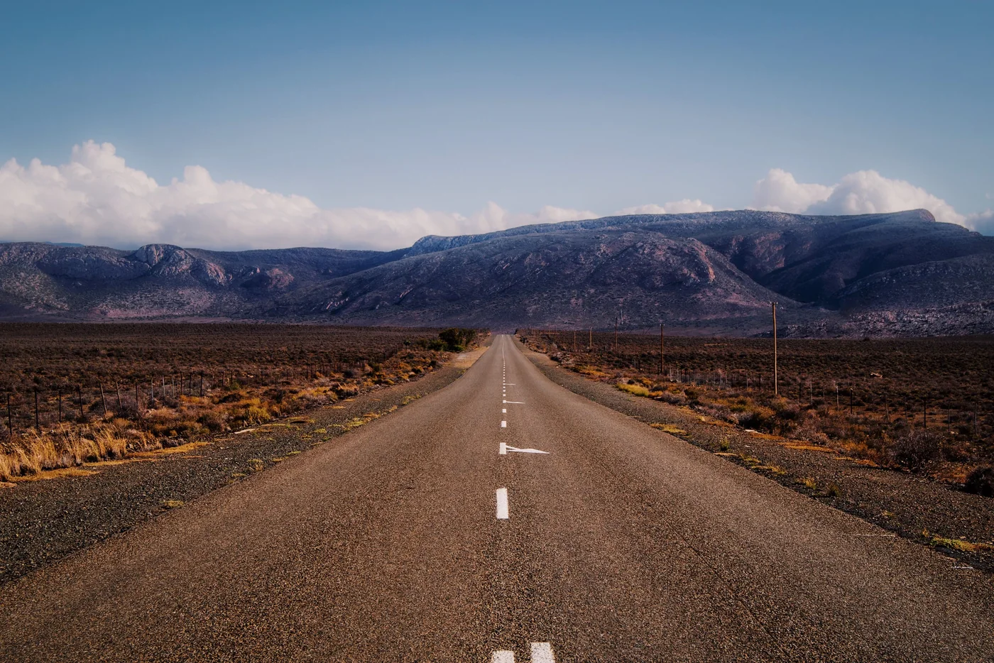 En tom tosporet vej, der løber lige mod bjergene gennem Karoo-krat, Western Cape